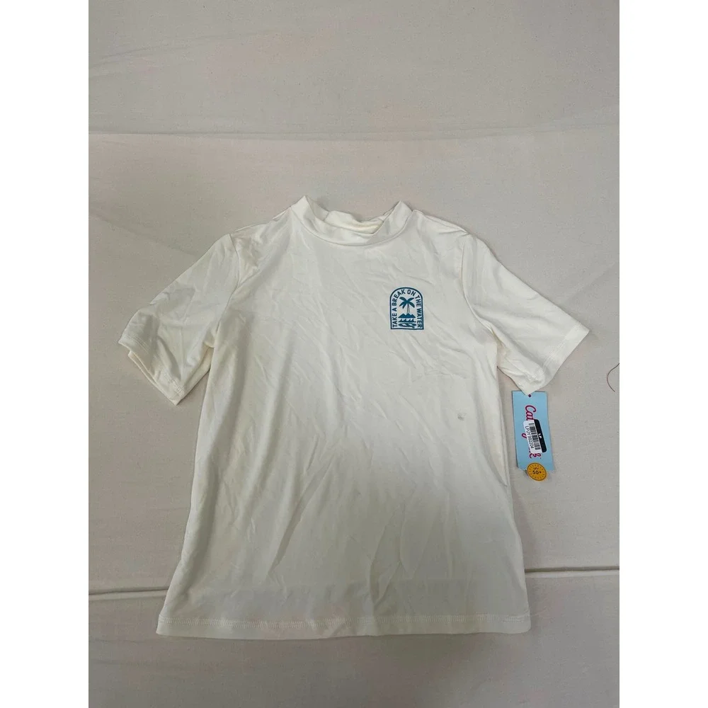 Cat & Jack Kids Cream Short Sleeve Rash Guard Swim Shirt UPF 50+ Size M 8
